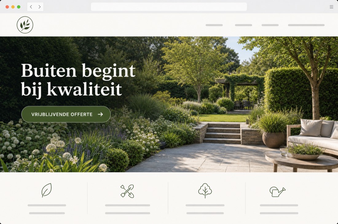 Voorbeeld van een website voor een hoveniersbedrijf: een grote tuinfoto met één opvallende knop.