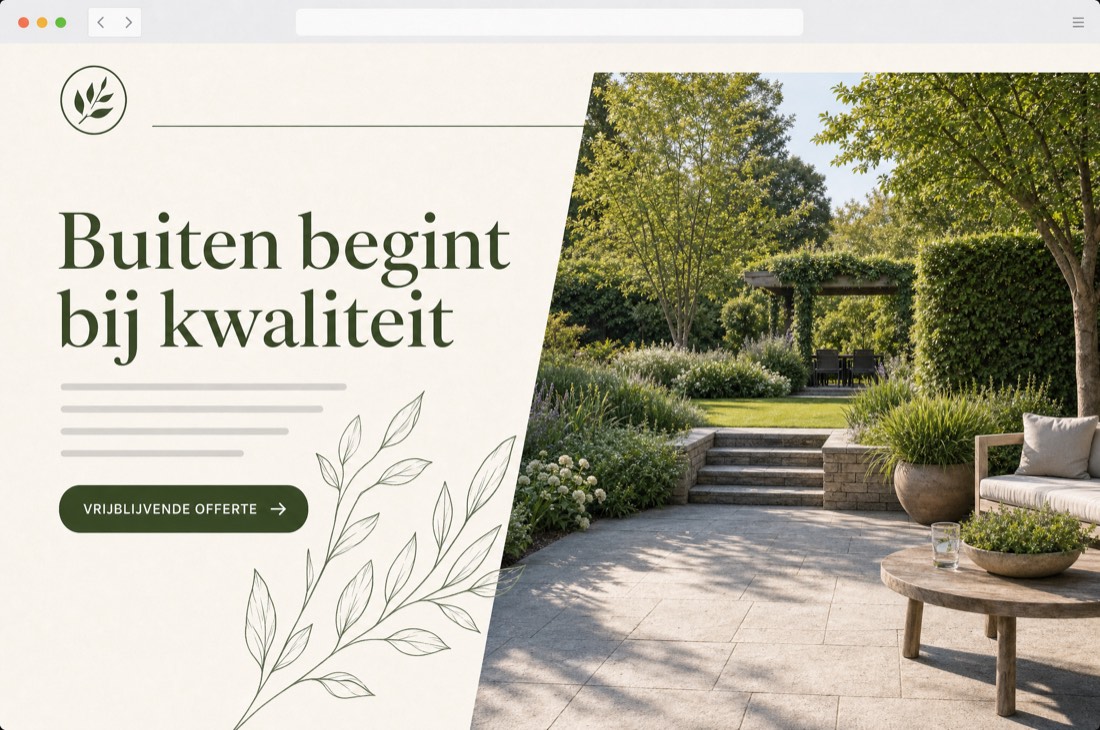 Voorbeeld van een op maat ontworpen hoveniers-website met een grote serif-kop en een diagonale beeldsplitsing.