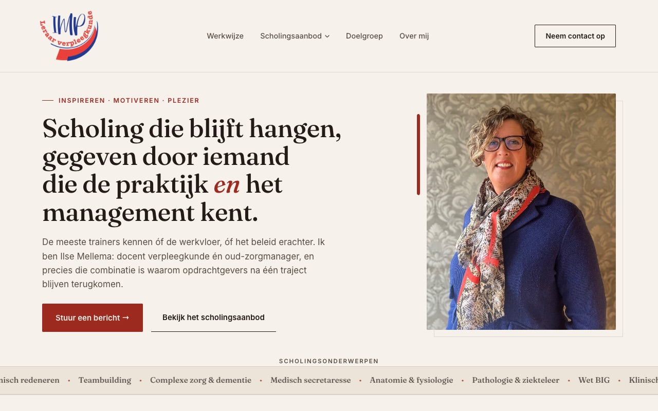 De nieuwe website van IMP Leraar Verpleegkunde, met een duidelijke kop, foto en knoppen.