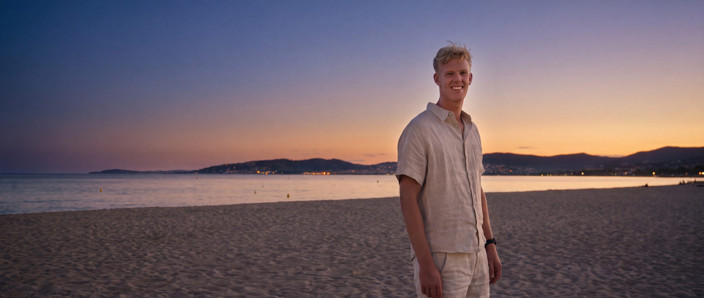 Joost Mellema op het strand bij zonsondergang